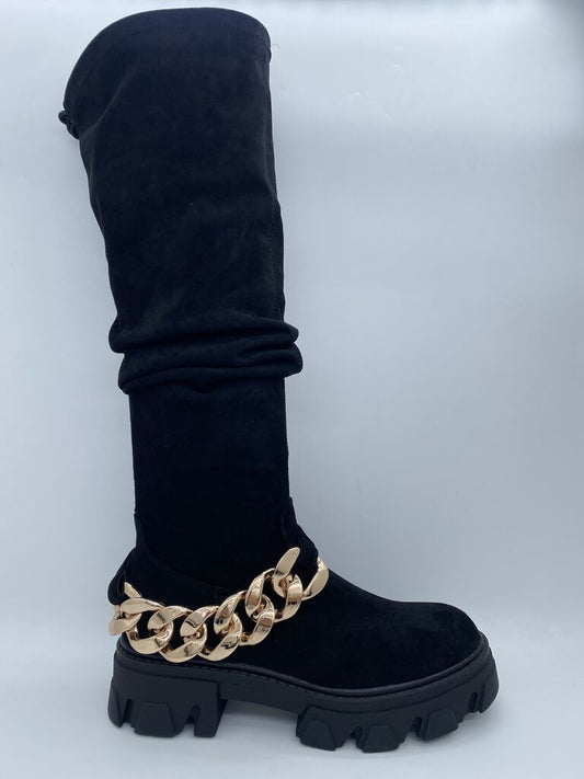 Black Suede Knee-High Boots with Chain