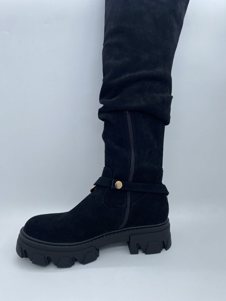 Black Suede Knee-High Boots with Chain