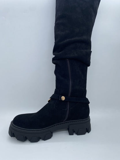 Black Suede Knee-High Boots with Chain