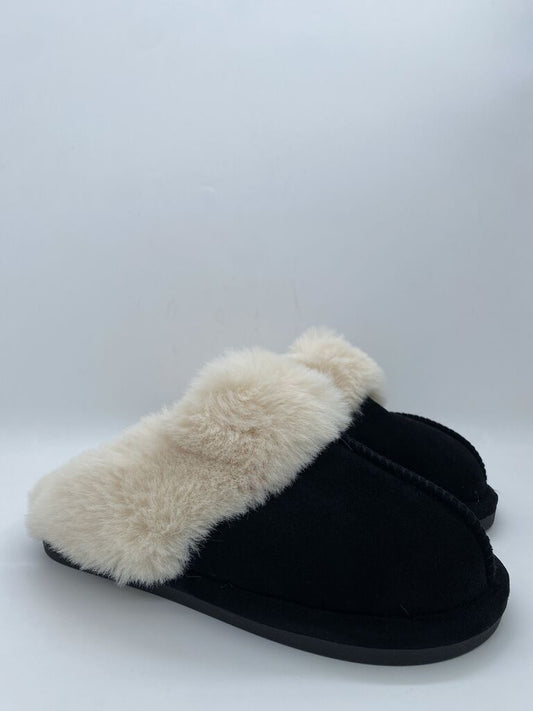 Black Suede Slippers with Plush Collar
