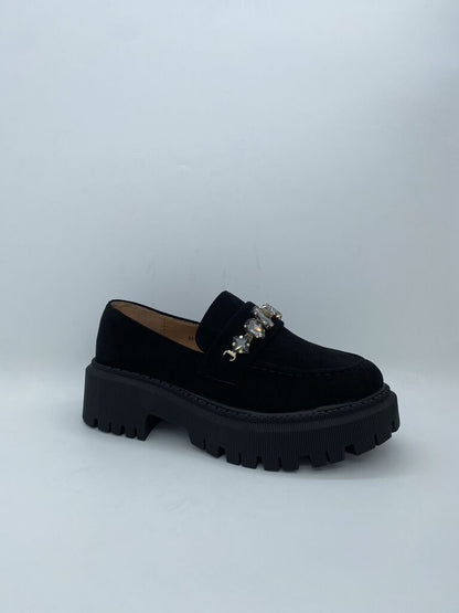 Black Faux Suede Loafer with Embellished Detail
