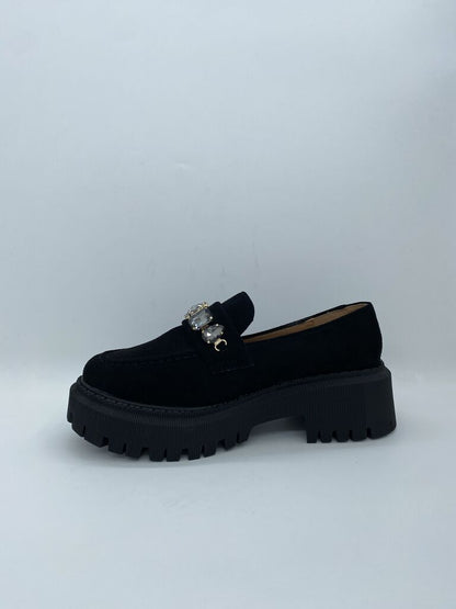Black Faux Suede Loafer with Embellished Detail