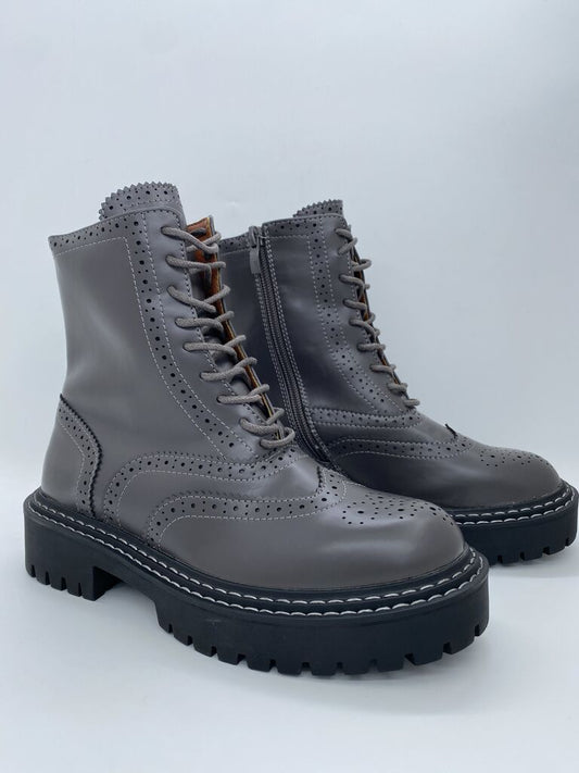 Gray Brogue Leather Boots with Chunky Sole