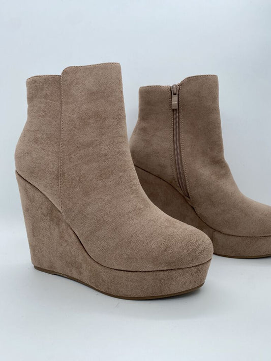 Beige Suede Platform Wedge Ankle Boots
