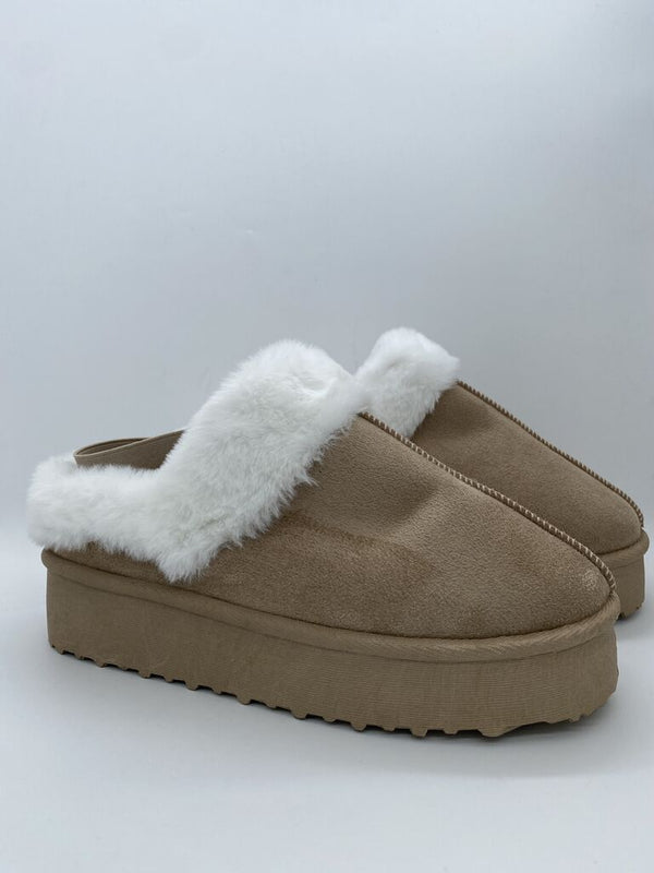 Taupe Faux Fur Trim Platform Slippers