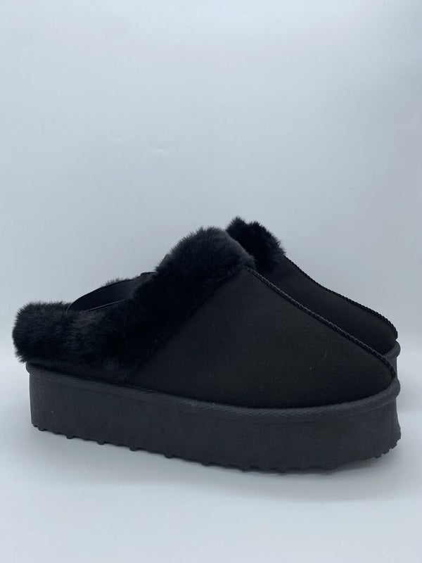 Black Faux Fur Trim Platform Mules