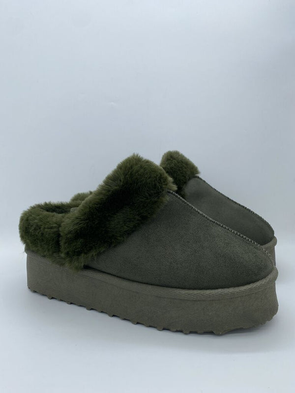 Olive Faux Fur Platform Mules