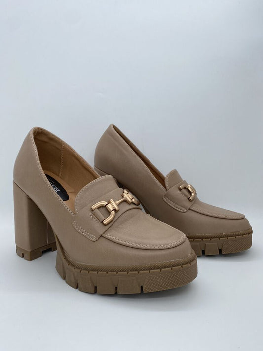 Beige Chunky Heel Loafer with Gold Hardware
