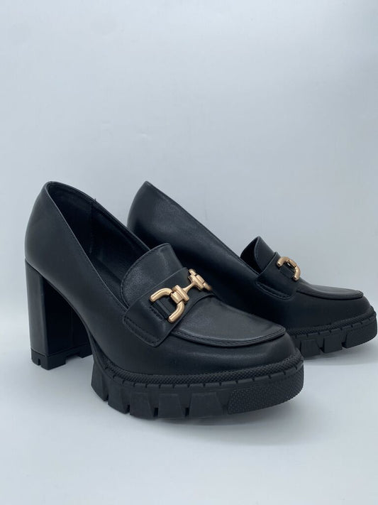 Black Chunky Heeled Loafers with Gold Accent