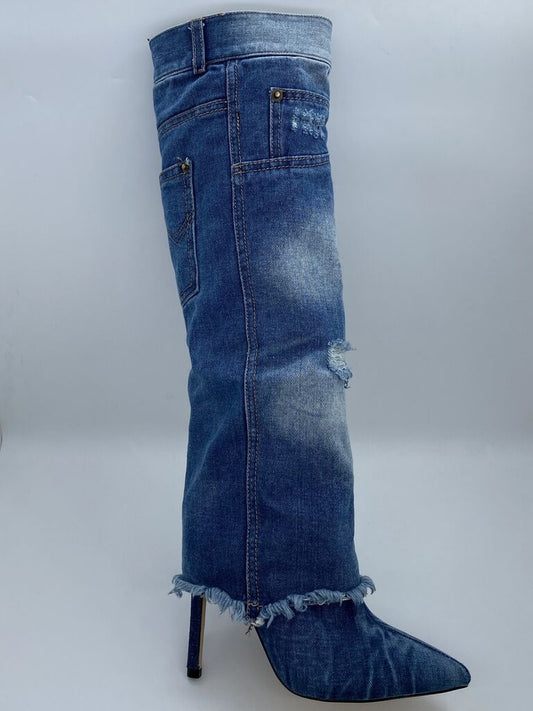 Blue Denim Stiletto Boot with Frayed Hem