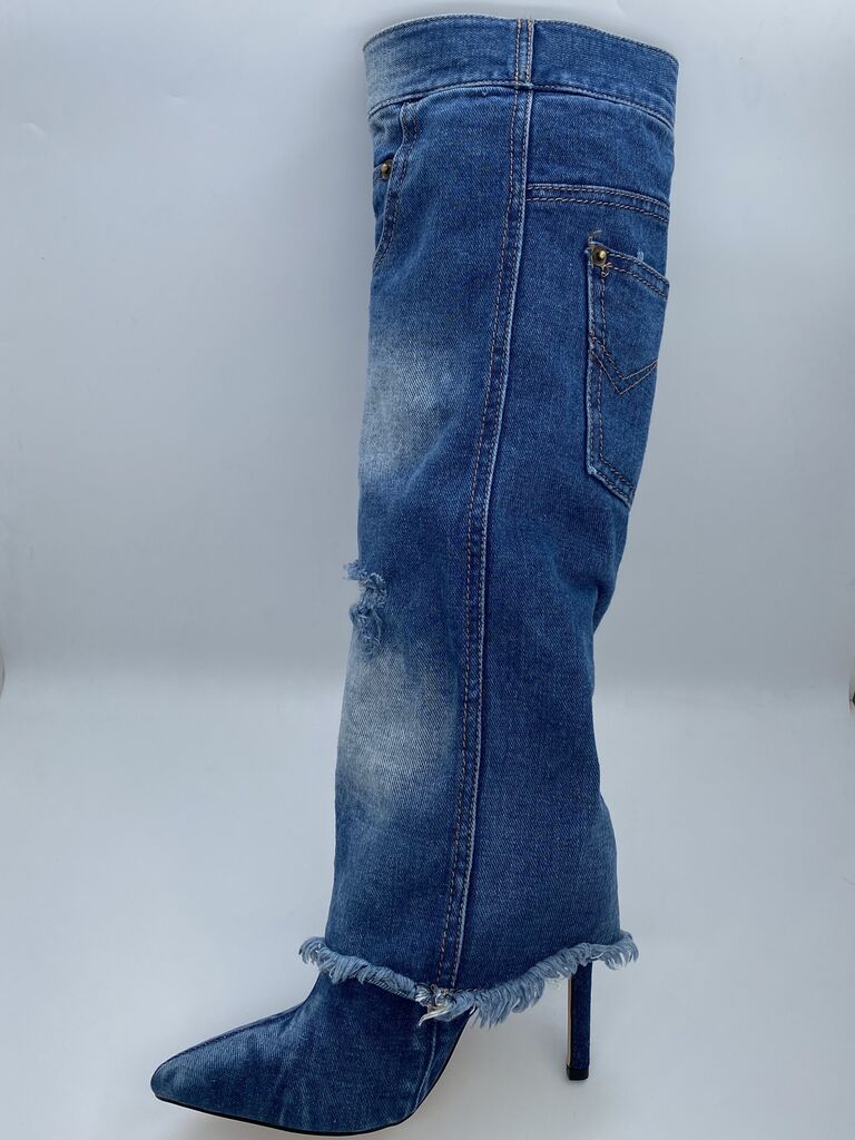 Blue Denim Stiletto Boot with Frayed Hem