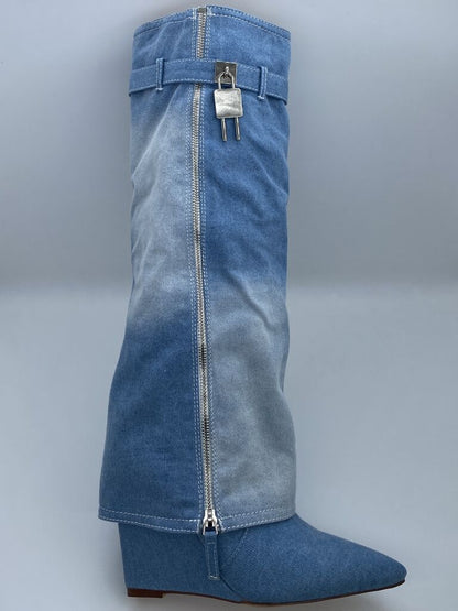 Blue Denim Knee-High Boots with Zipper Accent