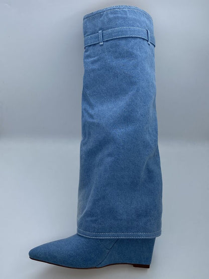 Blue Denim Knee-High Boots with Zipper Accent