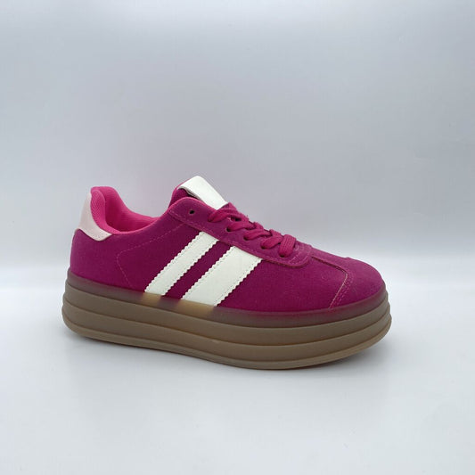 Fuchsia Suede Platform Sneakers with White Stripes