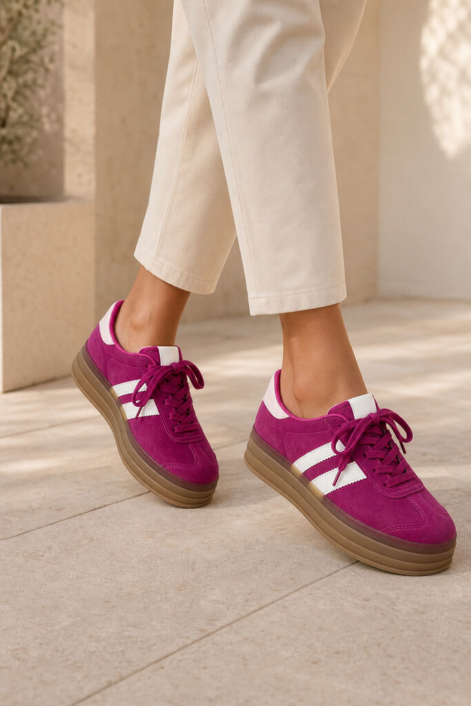 Fuchsia Suede Platform Sneakers with White Stripes