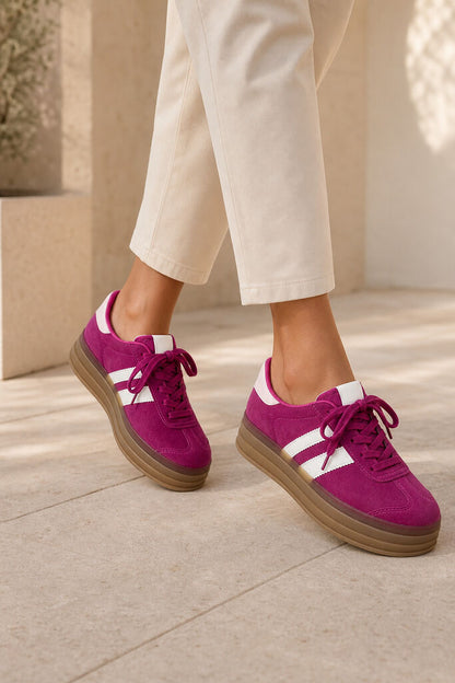 Fuchsia Suede Platform Sneakers with White Stripes