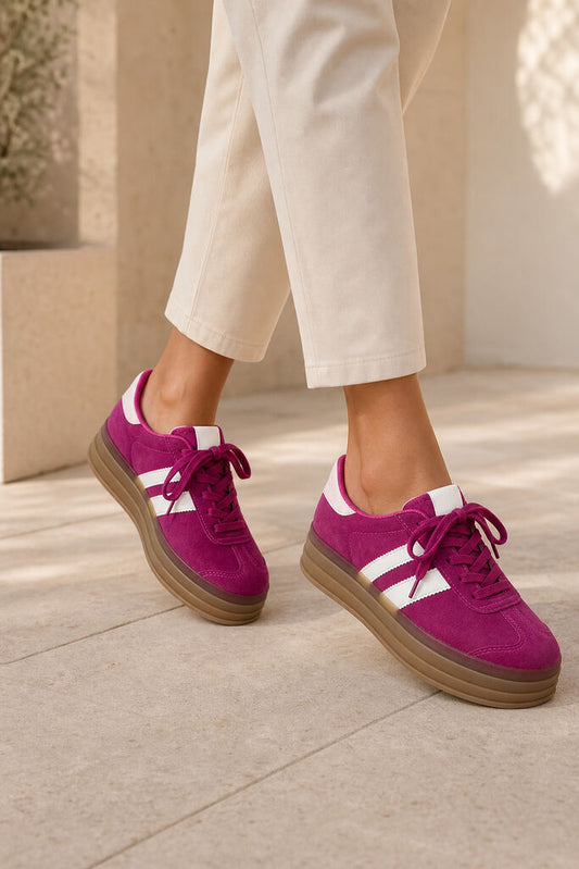 Fuchsia Suede Platform Sneakers with White Stripes