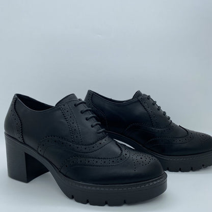 Black Brogue Leather Heeled Oxfords