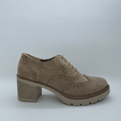 Beige Suede Block Heel Brogue