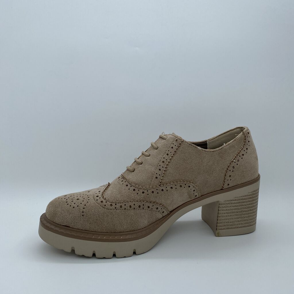 Beige Suede Block Heel Brogue