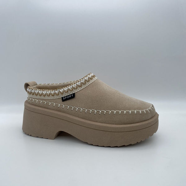 Beige Knit Slip-On Platform Clog with Contrast Stitching