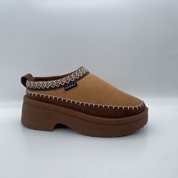 Tan Suede Platform Clogs with Stitch Detail