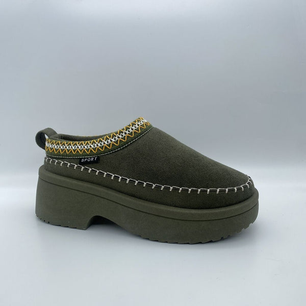 Olive Textured Platform Slip-On with Embellished Trim