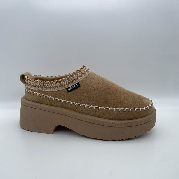 Beige Suede Slip-On Platform Shoe with Stitching