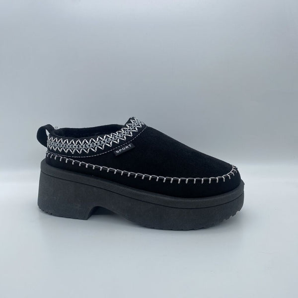 Black Suede Platform Slip-On with Stitch Detail