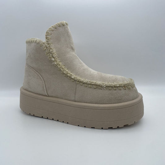 Beige Textured Platform Boot with Stitch Detail