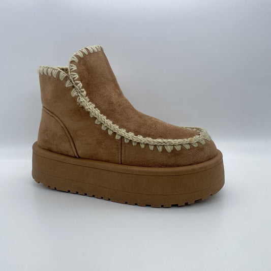 Camel Suede Ankle Boot with Contrast Stitching