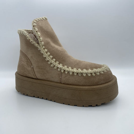 Beige Suede Ankle Boot with Stitch Detailing