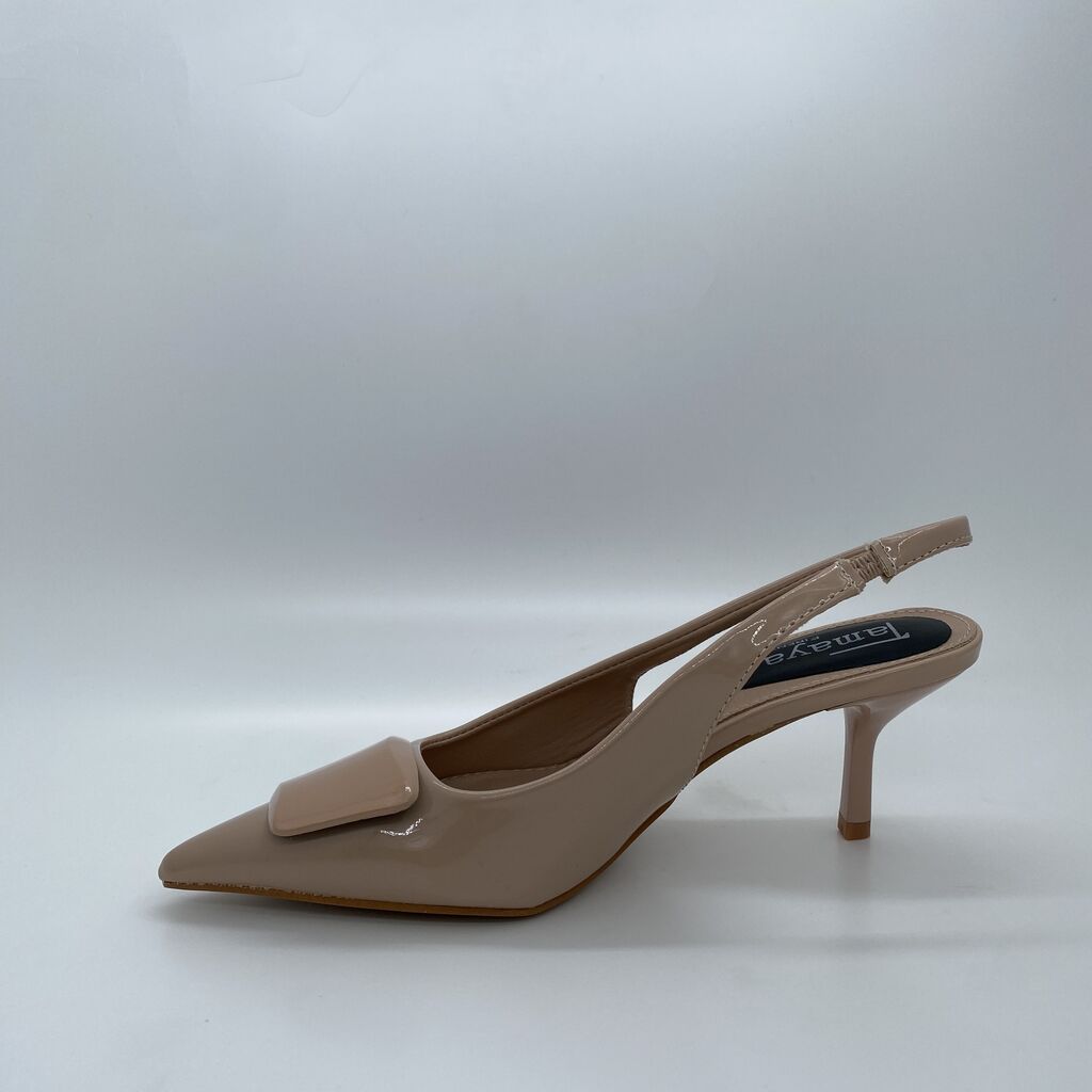 Beige Patent Slingback Heel with Pointed Toe