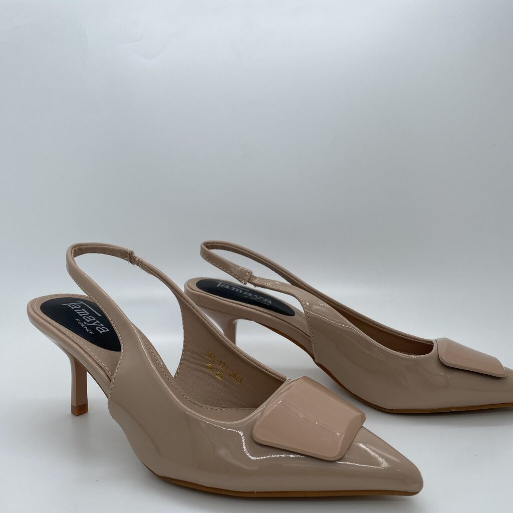 Beige Patent Slingback Heel with Pointed Toe