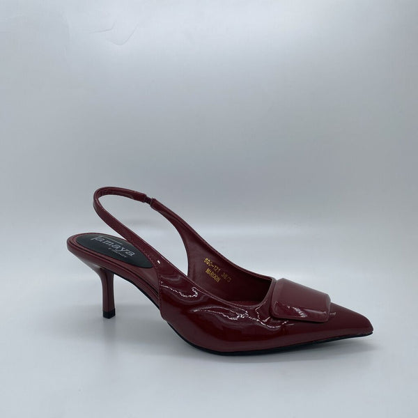 Burgundy Patent Slingback Pumps with Kitten Heel