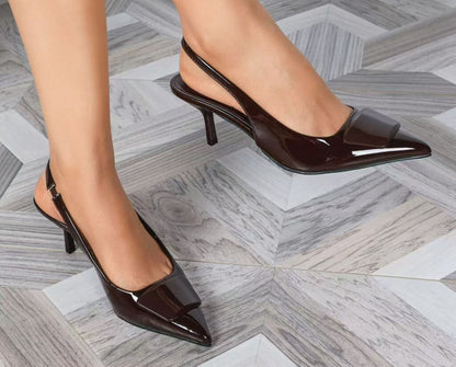 Burgundy Patent Slingback Pumps with Kitten Heel