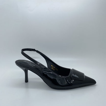 Black Patent Slingback Kitten Heels with Buckle Detail