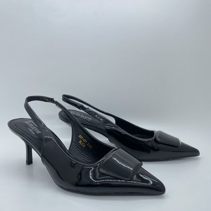 Black Patent Slingback Kitten Heels with Buckle Detail