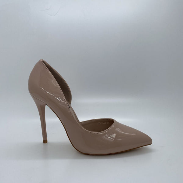 Nude Patent Leather Stiletto Pump with Pointed Toe