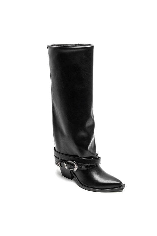 Black Faux Leather Knee-High Boot with Buckle Detail