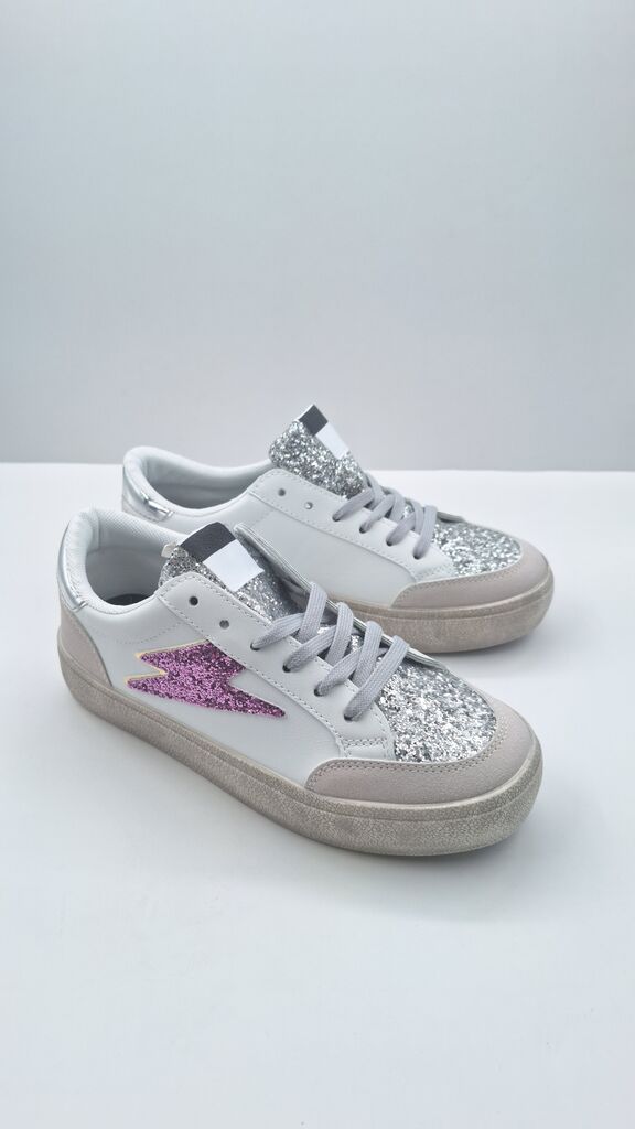 Silver Glitter Sneakers with Pink Accent