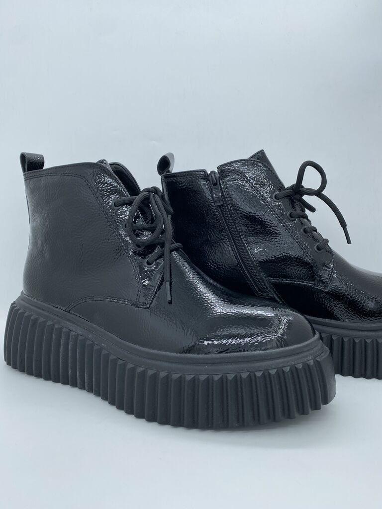 Black Glossy Ankle Boots with Grooved Sole