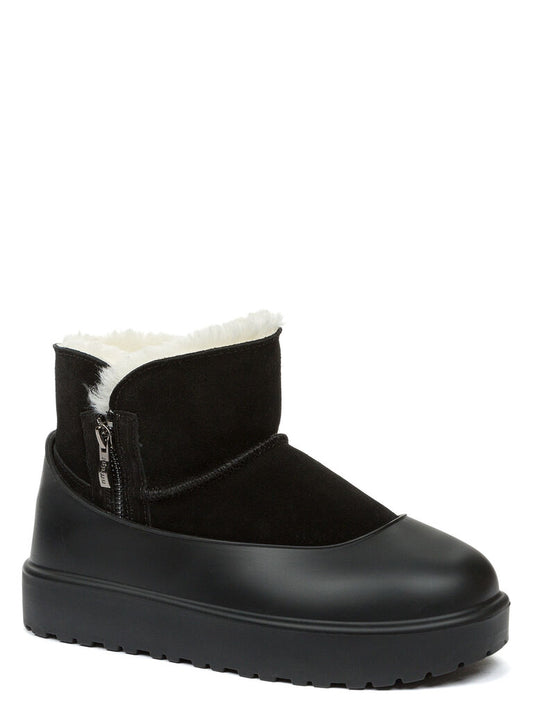 Black Suede Ankle Boot with Shearling Detail
