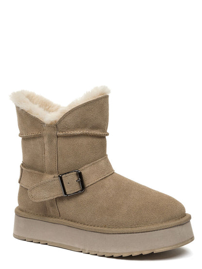 Taupe Suede Mid-Calf Boot with Buckle Detail
