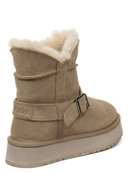 Taupe Suede Mid-Calf Boot with Buckle Detail