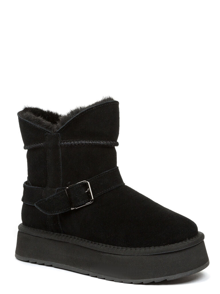 Black Suede Buckle Detail Platform Ankle Boots