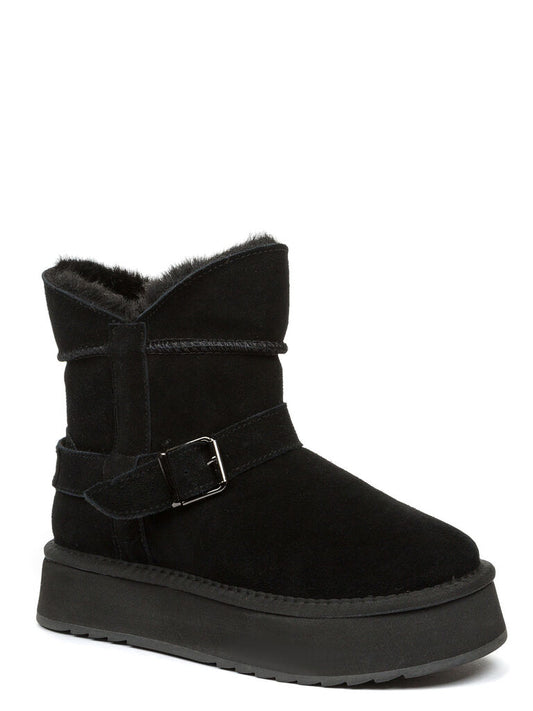 Black Suede Buckle Detail Platform Ankle Boots