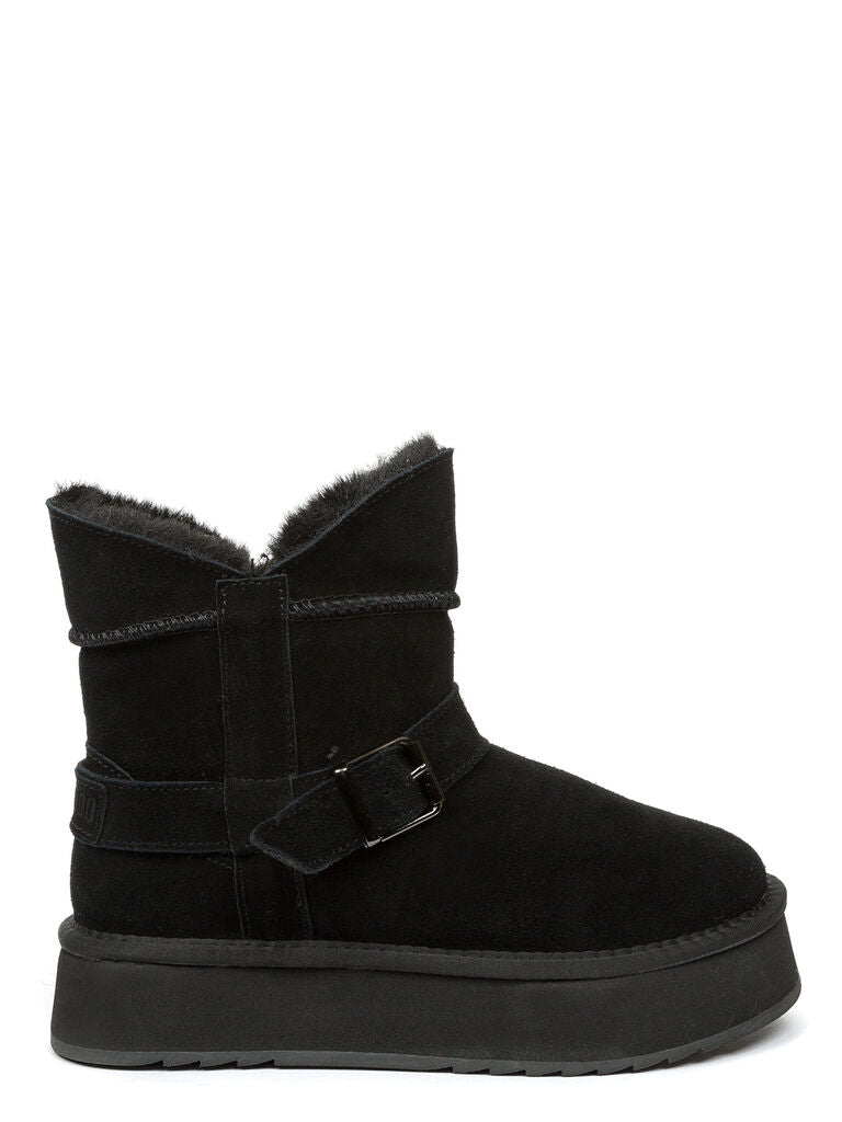 Black Suede Buckle Detail Platform Ankle Boots