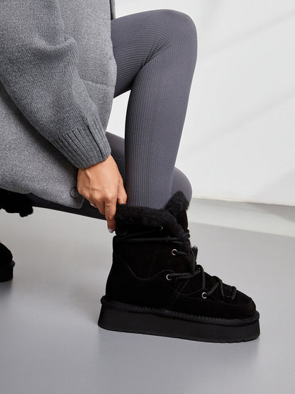 Black Cozy Lace-Up Ankle Boots with Plush Lining