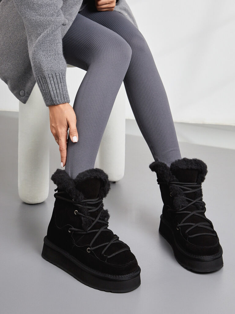 Black Cozy Lace-Up Ankle Boots with Plush Lining